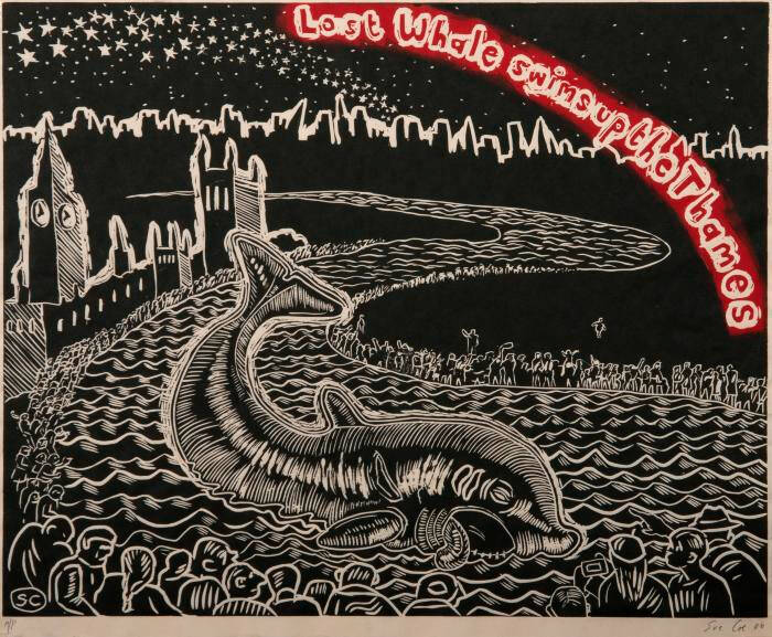 Black, white and red print of a crowd of people looking at a beached whale.